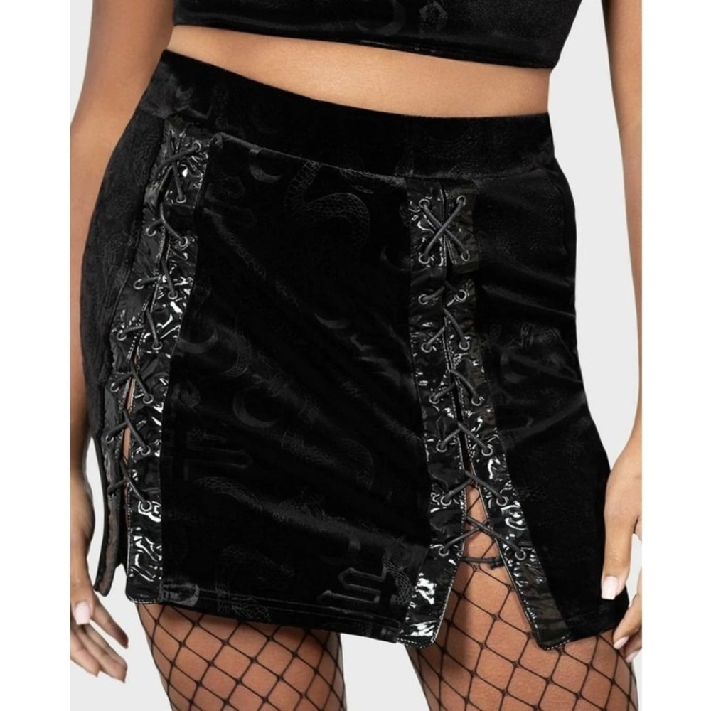 Killstar No Return Mini Skirt Black Burnout Velvet Lace Up Goth Occult Small